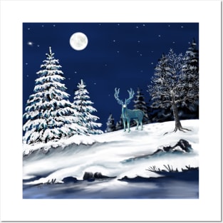 Deer In the Snowy Moonlight Posters and Art